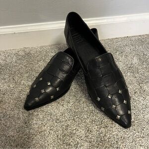 Frye Kenzie Studded Flats - Black Studded Woven Leather Loafer - NWOB